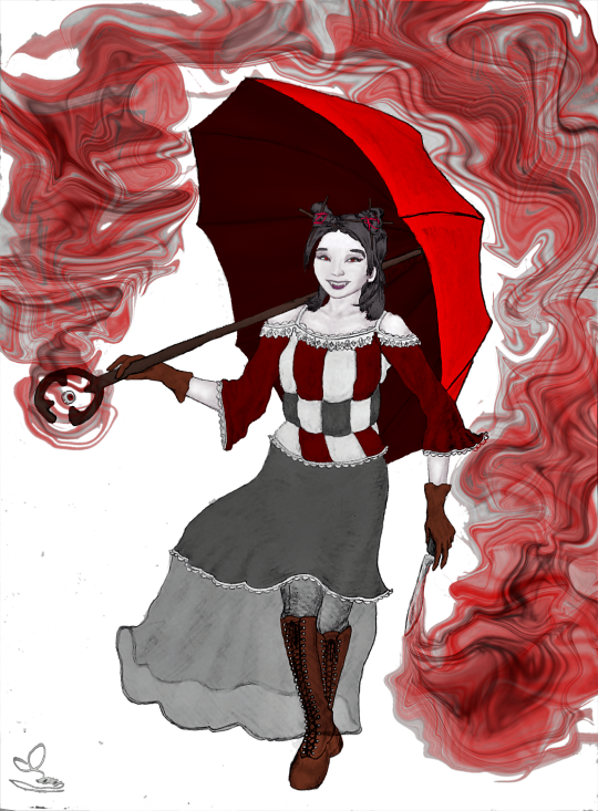 A portrait-style illustration of Jinx, a young Asian-American woman. The color palette is limited, using only red accents on black and white. She has dark hair, fair skin, and red eyes, and is wearing Victorian Lolita-inspired clothing. She carries a dagger in her left hand and a mystical-looking umbrella in the other. Red magic swirls out from her dagger.